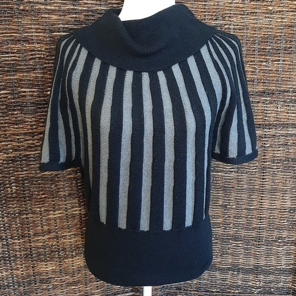 Cashmere Silk Wool Striped Batwing Cowl Funnel Neck Short Sleeve Sweater Black - Picture 1 of 8
